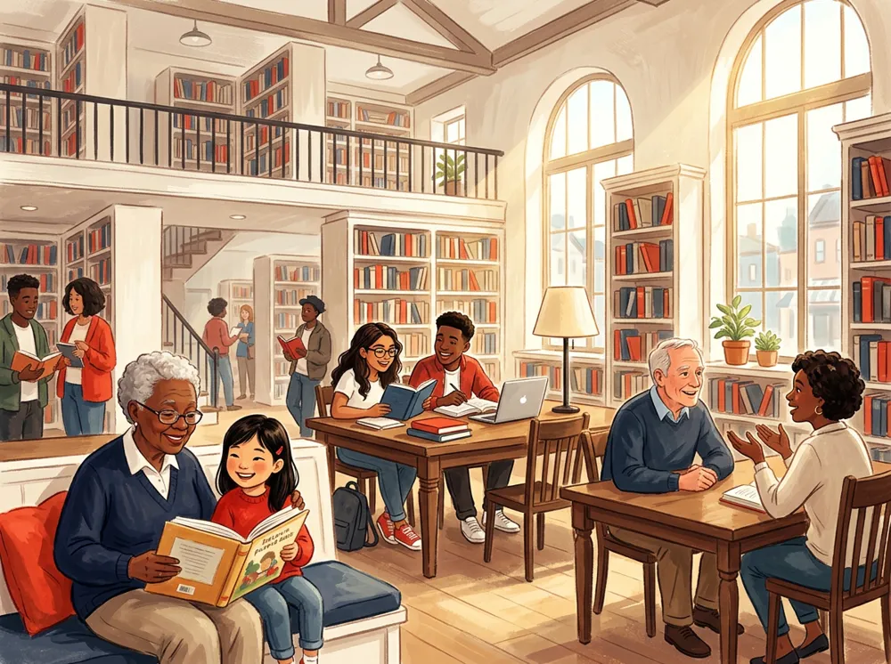 Neighbors of all ages reading, studying and talking together in a sunlit library